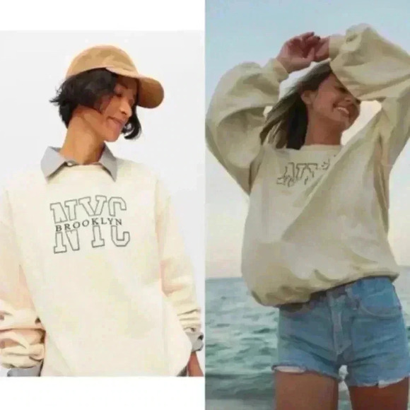 Urban Outfitters UO NYC BROOKLYN Sweatshirt Oversized Relax Fit Cream Pullover - Picture 1 of 11